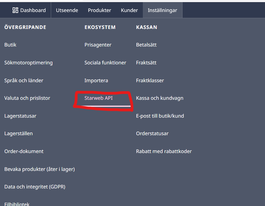 Starweb API Inställningar